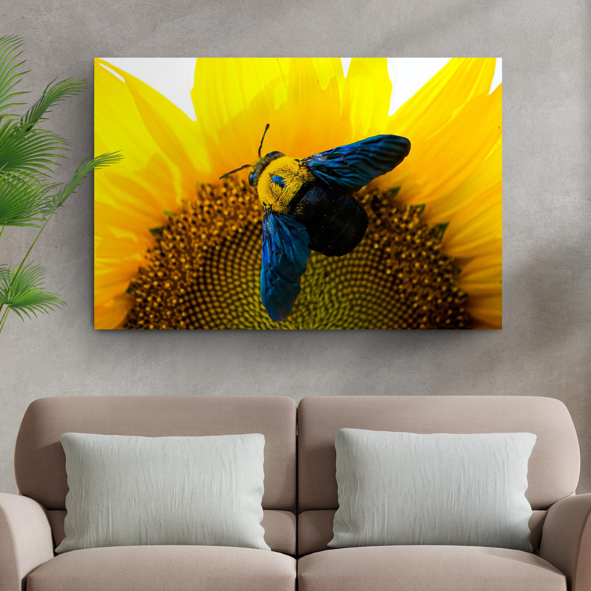 Bee Hoverfly Above A Sunflower Canvas Wall Art