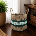 Tan, Seafoam & Hunter Green Accent Rope Basket