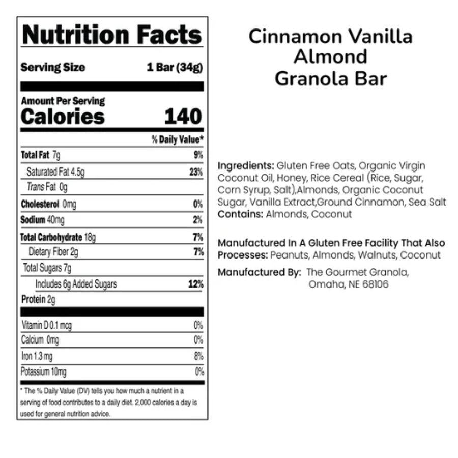 Cinnamon Vanilla Almond Granola Bars | Pack of 12 | Gluten, Dairy, & Soy Free | The Gourmet Granola