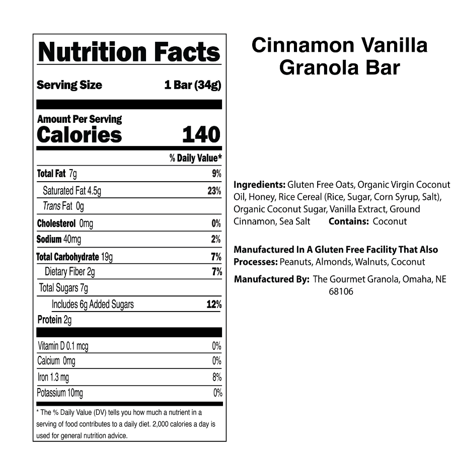 Cinnamon Vanilla Granola Bar | Single Bar | Gluten, Dairy, & Soy Free | The Gourmet Granola