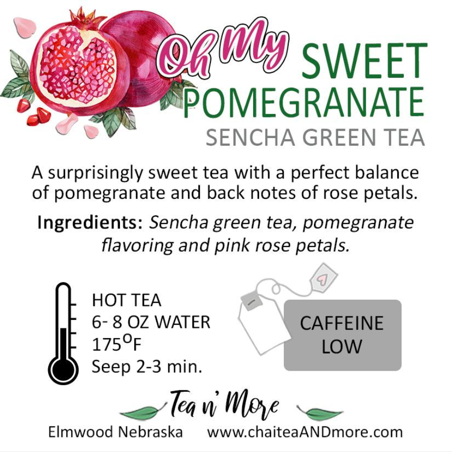 Sweet Pomegranate Tea | Sencha Green Tea | 12 Tea Bags | Caffeinated | Tea n More