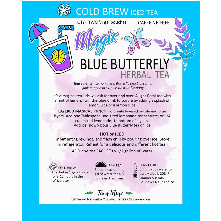 Magic Blue Butterfly Tea | Cold Brew Herbal Tea | 2 Pitcher Bags | Caffeinated | Tea n More