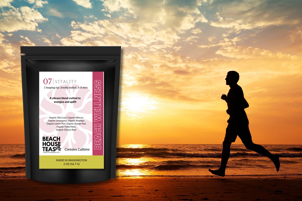 Beach House Teas package with a person running on a beach at sunset