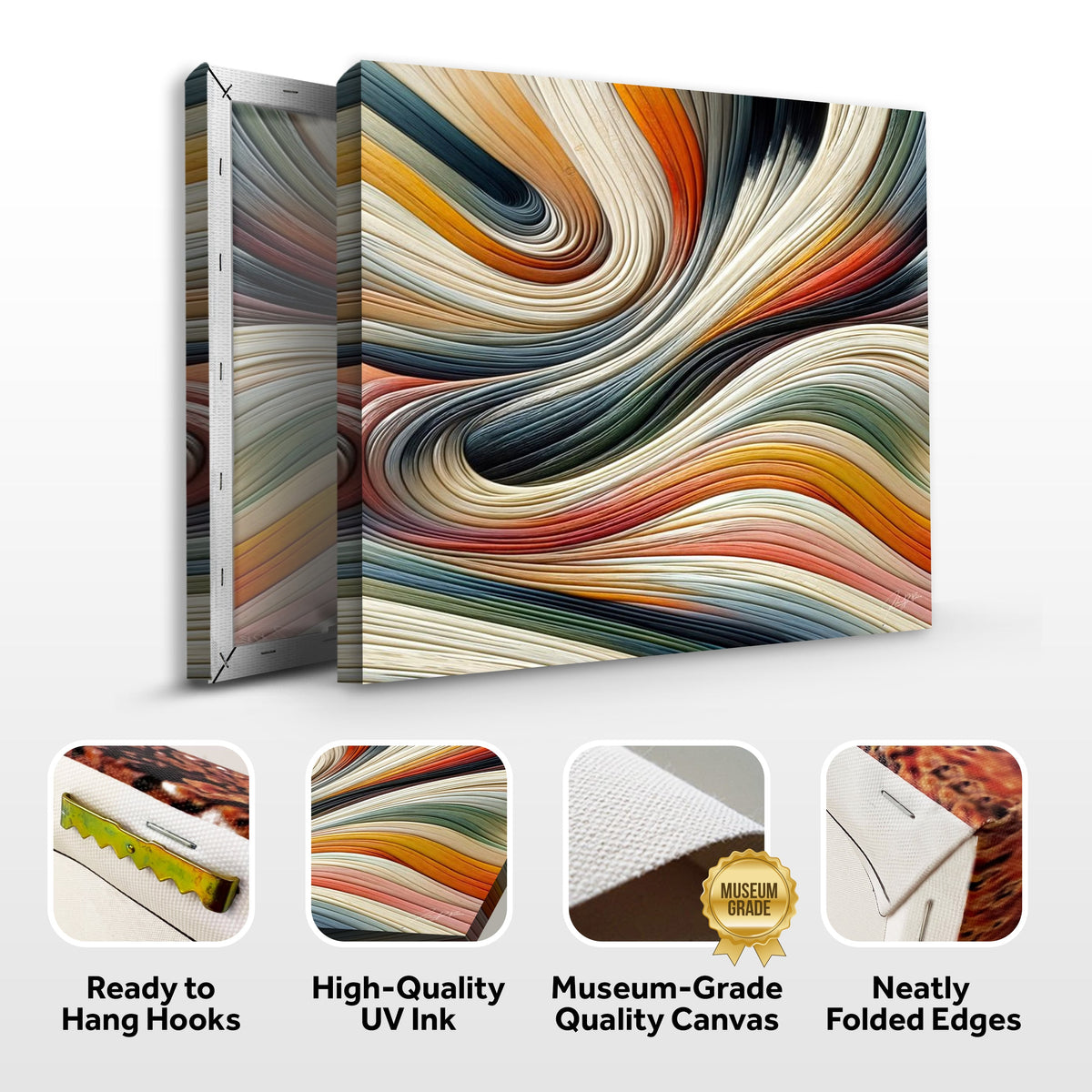 Exploded view of the Spectral Swirl canvas print with callouts for hanging hooks, UV ink, canvas material, and folded edges.