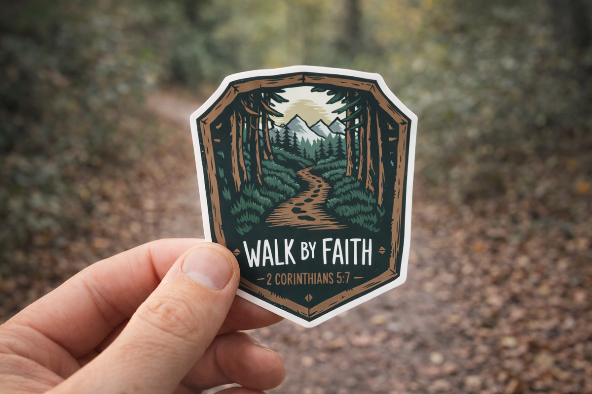 Walk by Faith" 2 Corinthians 5:7 Christian Adventure Badge Sticker