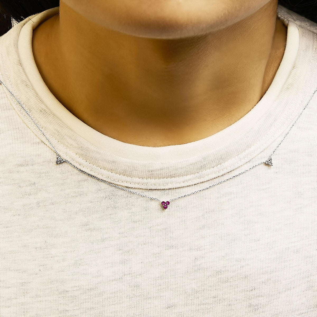14K White Gold 1/5 Cttw Diamond and Ruby Tri Station Necklace