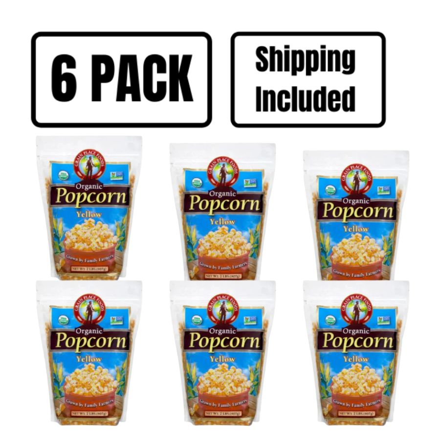 Organic Yellow Popcorn | Pack of 6 | 2 lb | Non-GMO | Shipping Included | Grain Place Foods