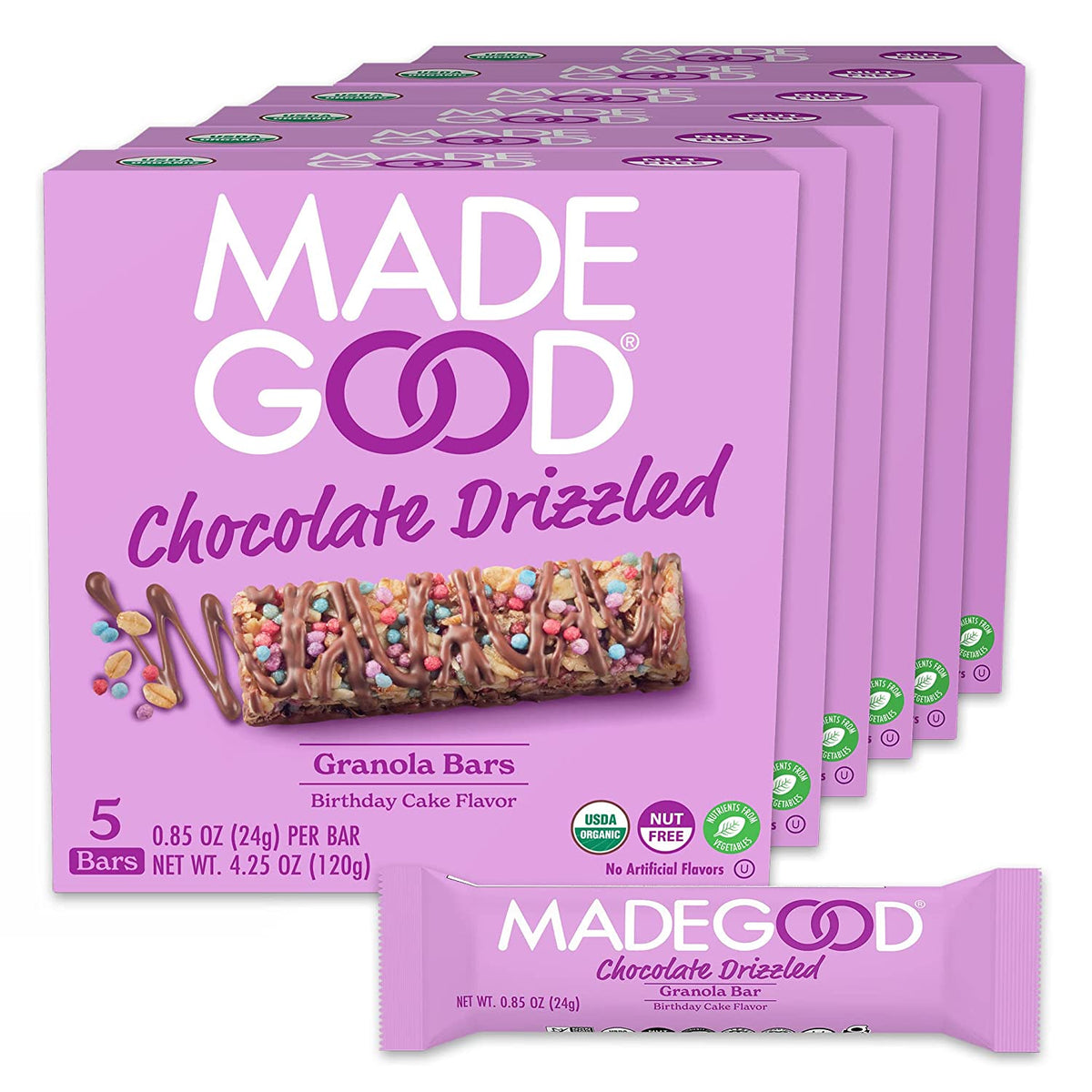 MadeGood Chocolate Drizzled Birthday Cake Granola Bars, 5 x 0.85 oz (Case of 6)