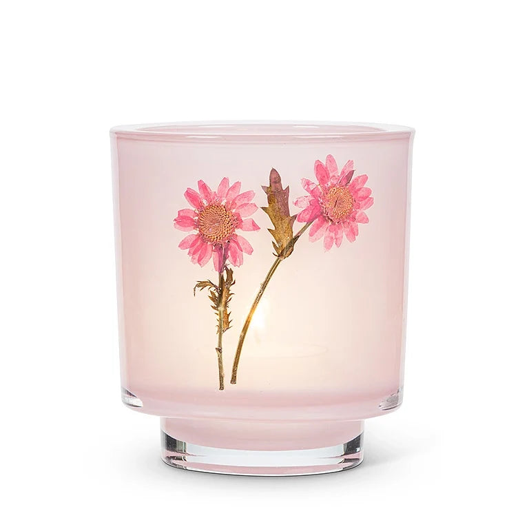 Frosted Glass Votive Candle Holder With Pressed Flowers Set of 4