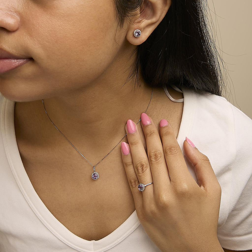 10K Gold Gemstone and 3/8 Cttw Diamond Halo Jewelry Set (Earrings, Pendant & Ring)
