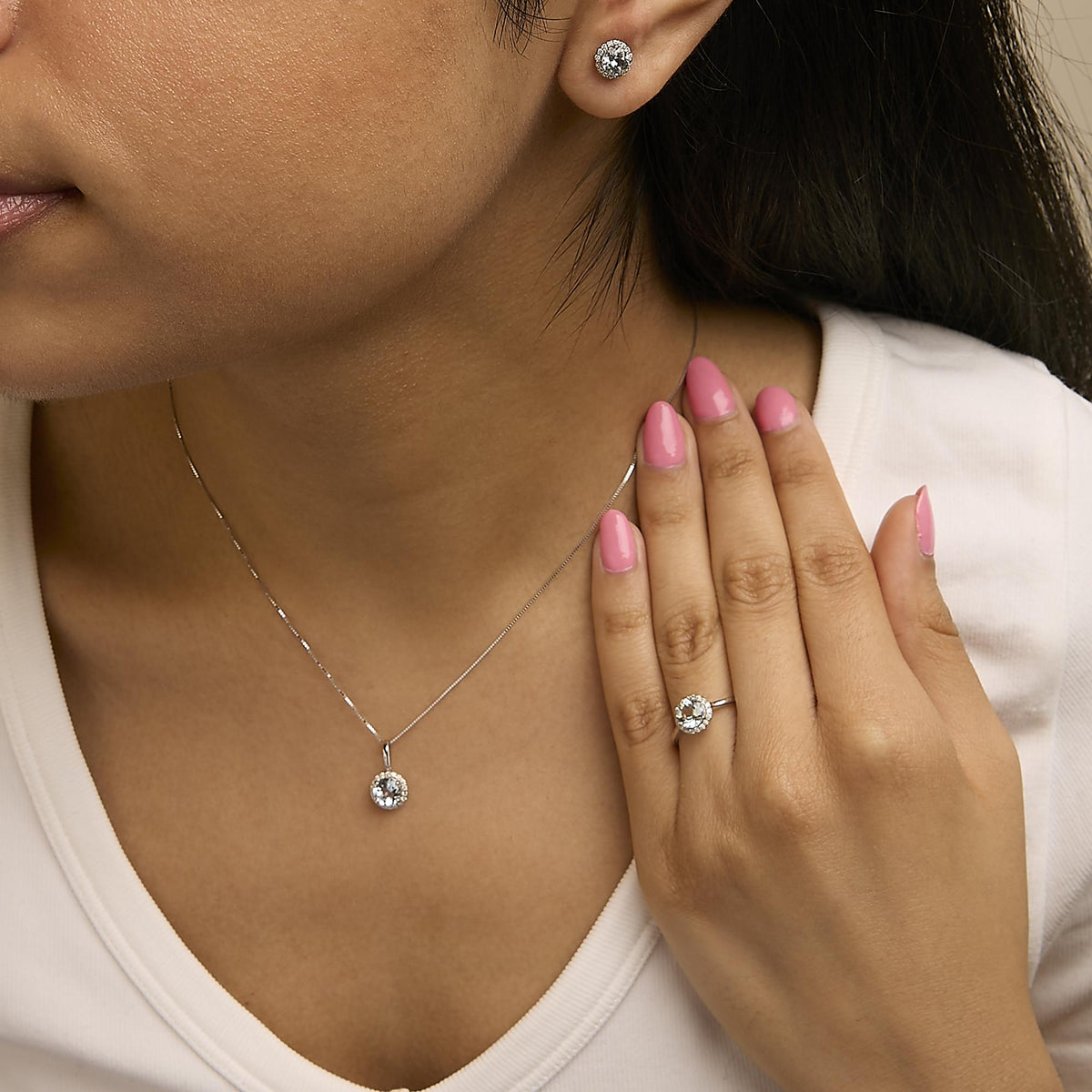 10K Gold Gemstone and 3/8 Cttw Diamond Halo Jewelry Set (Earrings, Pendant & Ring)