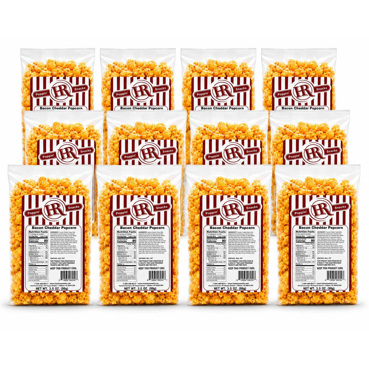 Bacon Cheddar Popcorn | Pack of 12 | 3 oz | HR Poppin' Snacks