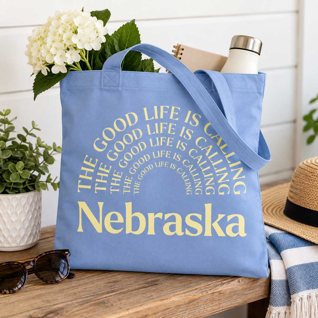 The Good Life is Calling Light Blue Tote Bag | Nebraska Department of Economic Development