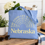 The Good Life is Calling Light Blue Tote Bag | Nebraska Department of Economic Development