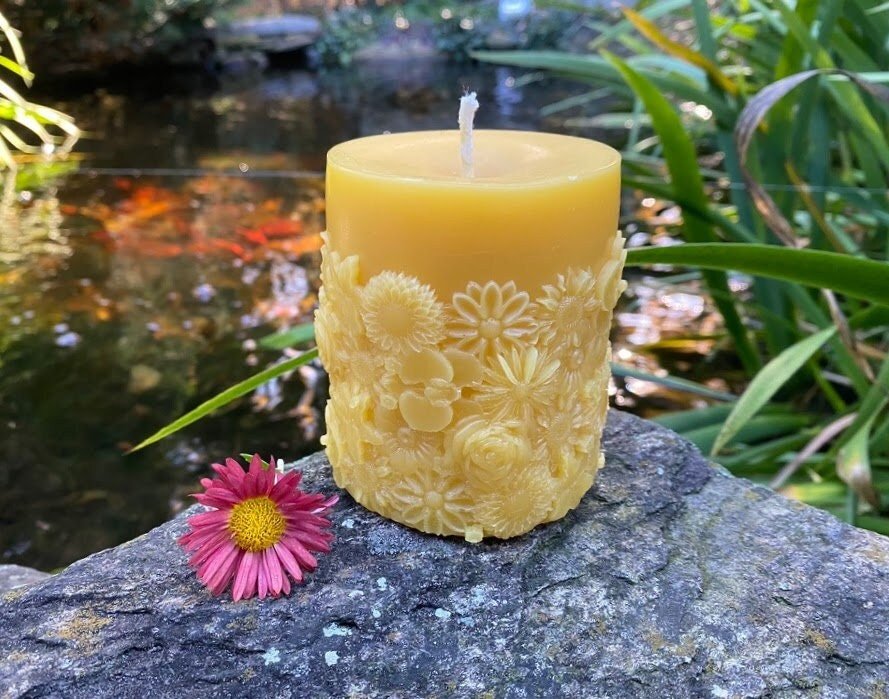 Boho Flower Garden Beeswax Pillar Candle
