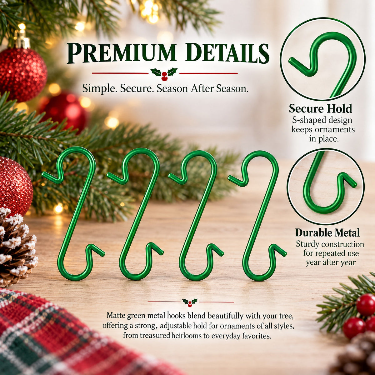 Set of 60 Matte Green Metal Wire Christmas Ornaments Hooks Hangers 1.16 Inches