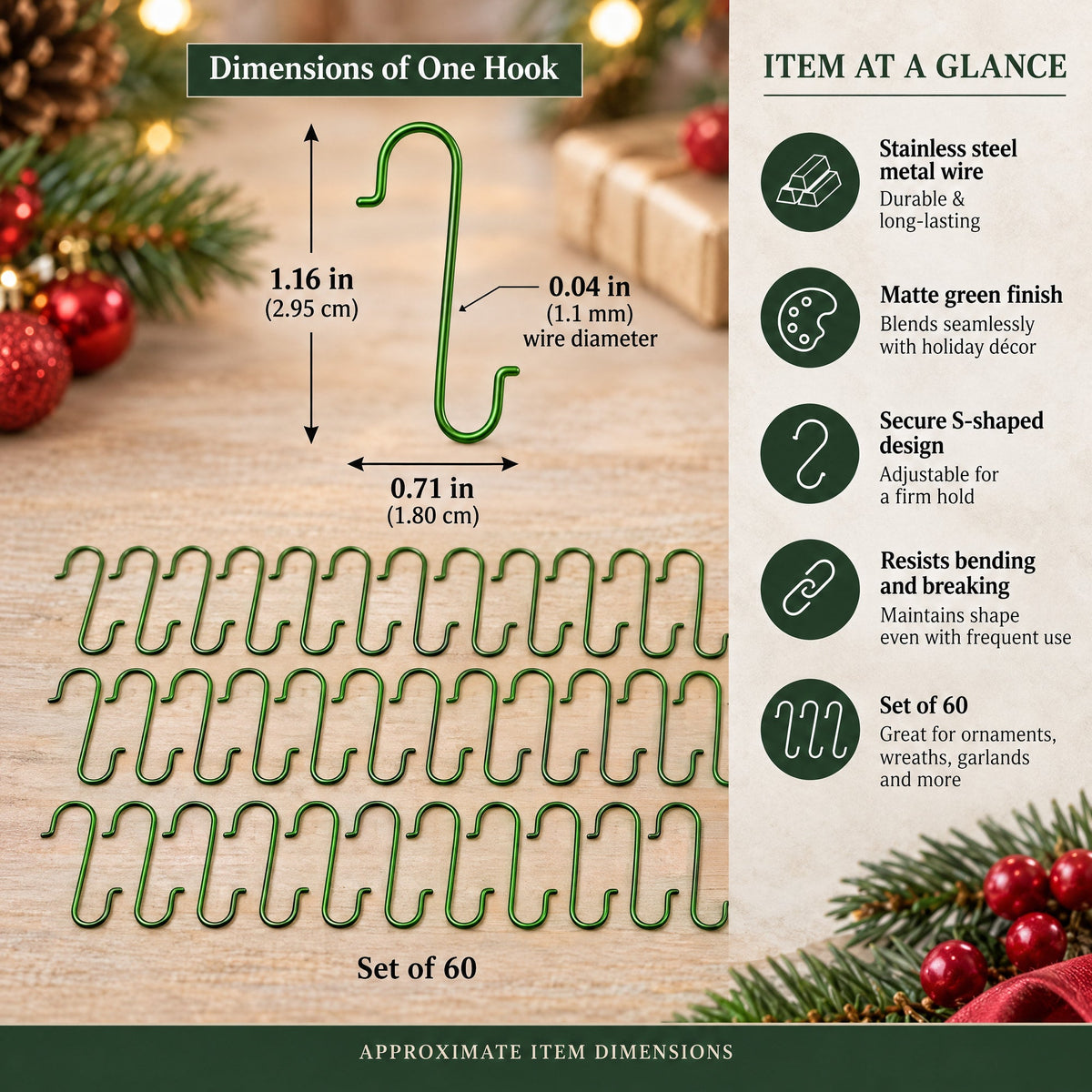 Set of 60 Matte Green Metal Wire Christmas Ornaments Hooks Hangers 1.16 Inches