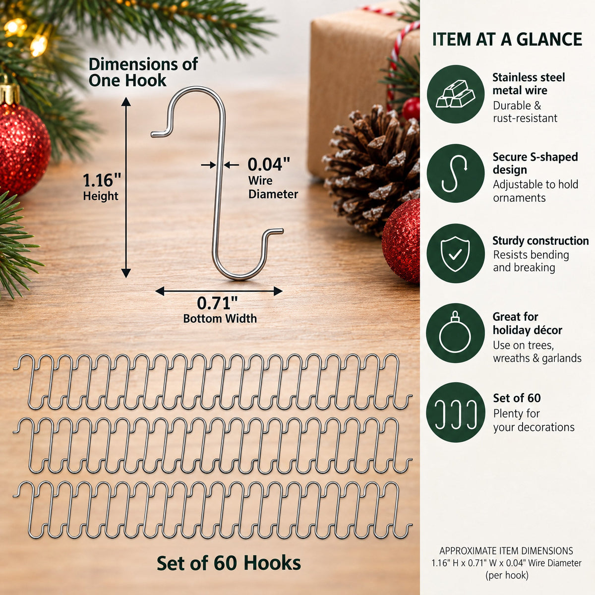 Set of 60 Silver Metal Wire Christmas Ornaments Hooks Hangers 1.16 Inches