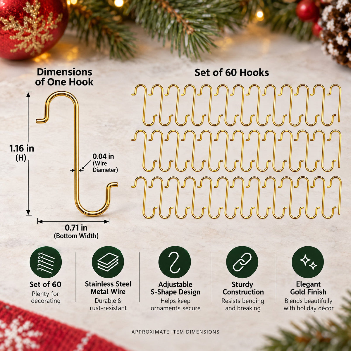 Set of 60 Gold Metal Wire Christmas Ornaments Hooks Hangers 1.16 Inches