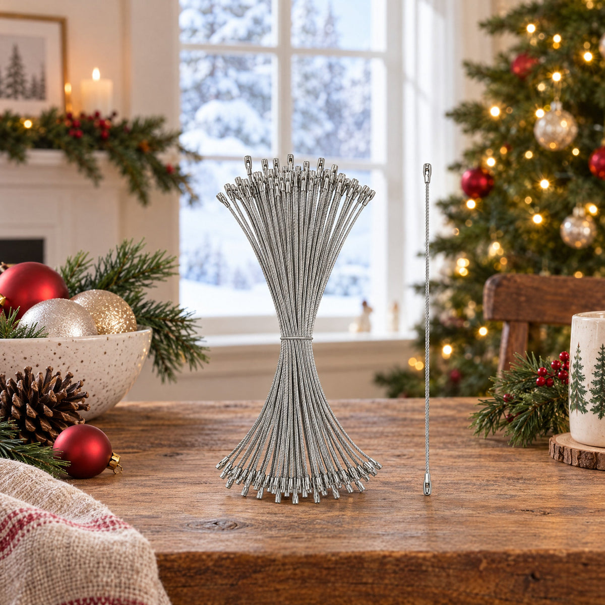Set of 100 Silver Christmas Ornaments Cords Strings Hangers 7.9 Inches