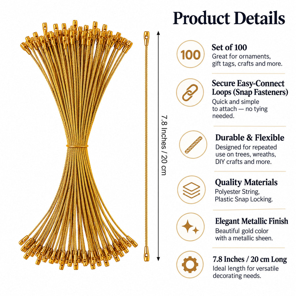 Set of 100 Gold Christmas Ornaments Cords Strings Hangers 7.9 Inches