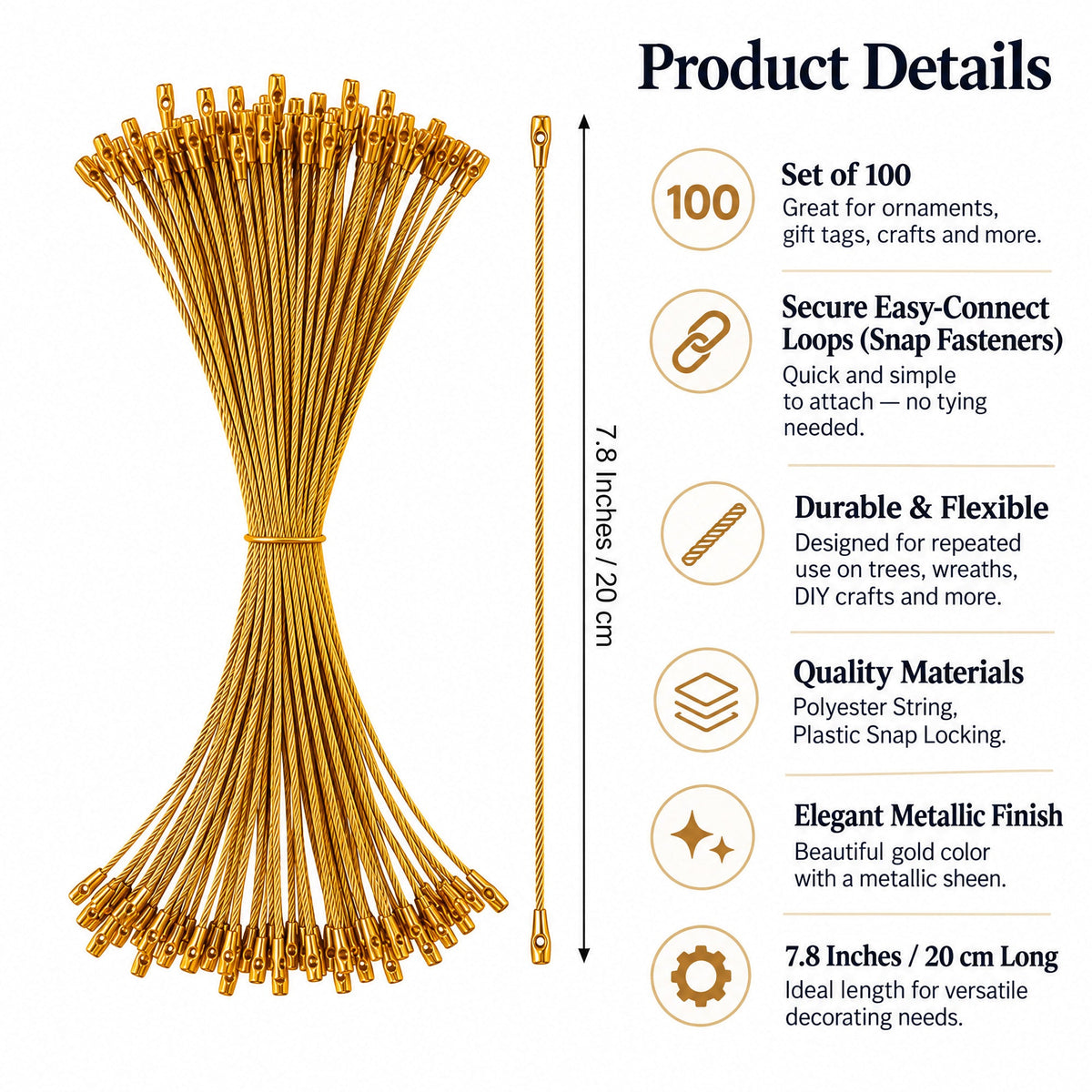Set of 100 Gold Christmas Ornaments Cords Strings Hangers 7.9 Inches