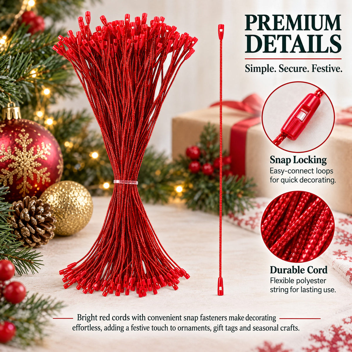 Set of 100 Red Christmas Ornaments Cords Strings Hangers 7.9 Inches