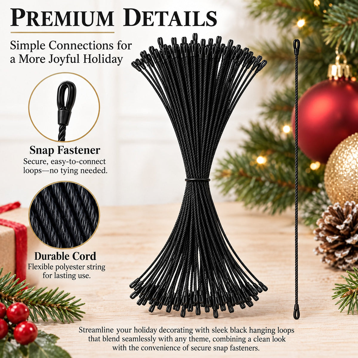 Set of 100 Black Christmas Ornaments Cords Strings Hangers 7.9 Inches