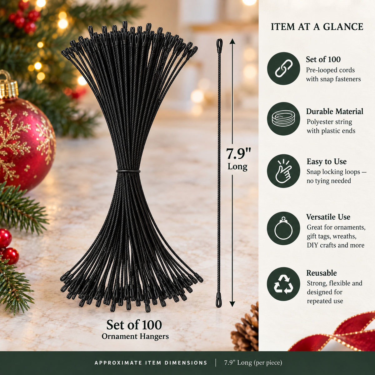 Set of 100 Black Christmas Ornaments Cords Strings Hangers 7.9 Inches