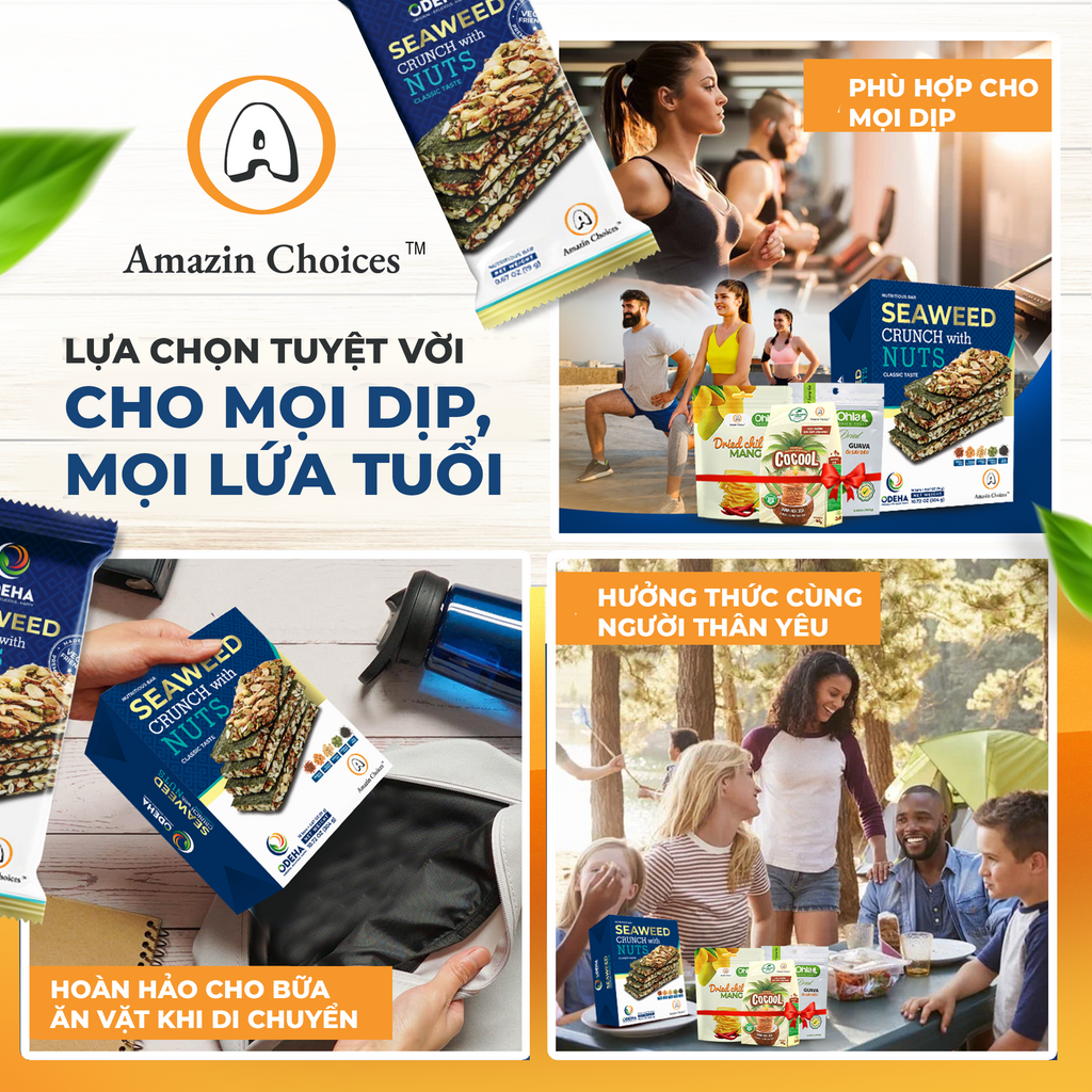 Amazin Choices Rong Biển Kẹp Hạt Cao Cấp 2 Hộp (32 Thanh) – Mua $39.98, Tặng Miễn Phí Bộ Quà Snack Việt ($20.97 Giá Trị): Xoài Cay Sấy Dẻo, Ổi Sấy Dẻo & Bánh Dừa Nướng