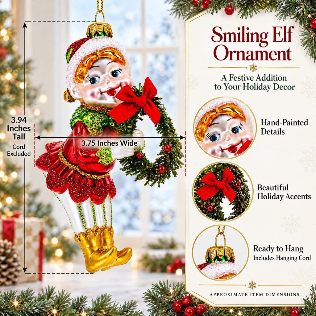 Smiling Elf with Red Bow Wreath Glass Christmas Ornament