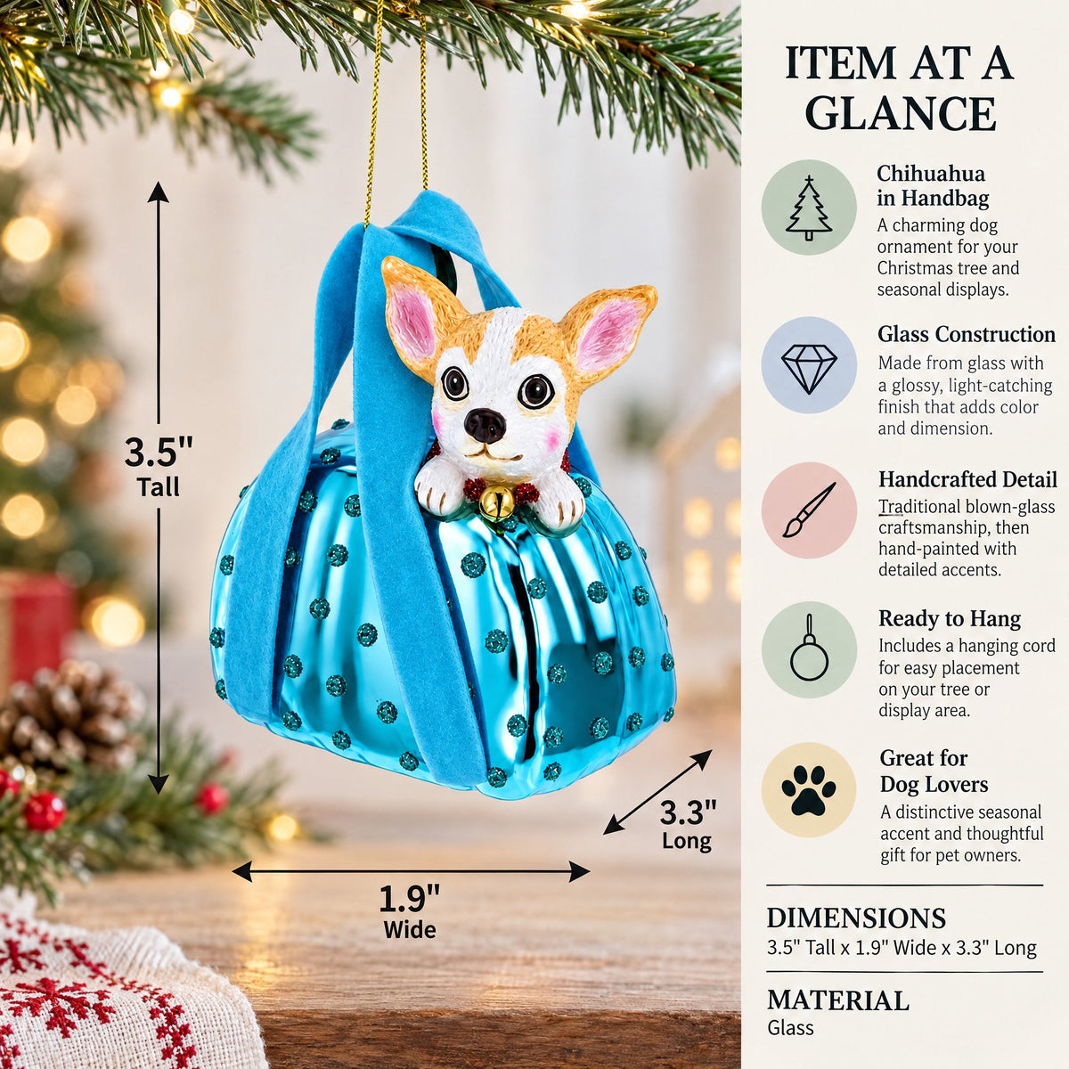 Chic Chihuahua in Handbag Glass Christmas Ornament