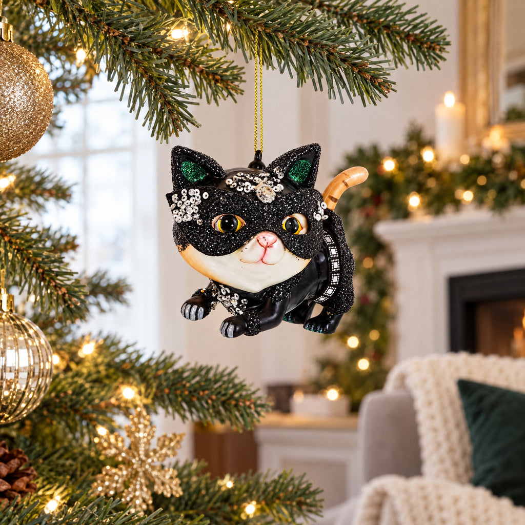 Cat in Mask Glass Christmas Ornament