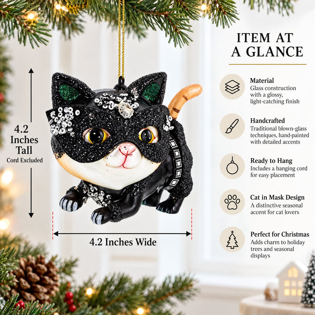 Cat in Mask Glass Christmas Ornament