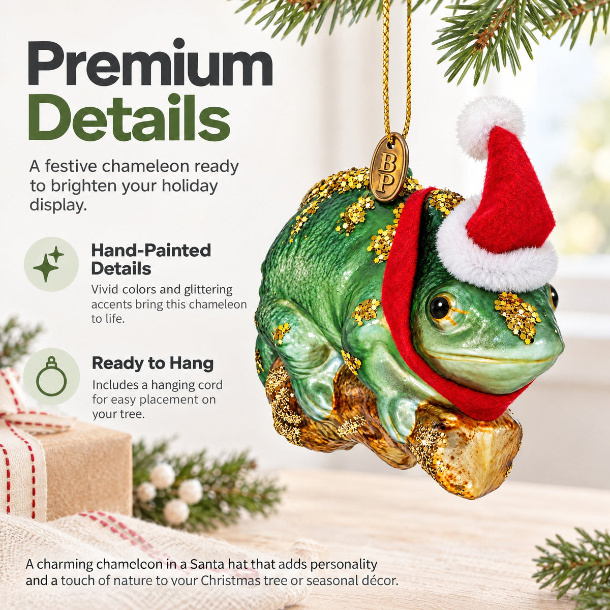 Chameleon in Santa Hat Glass Christmas Ornament