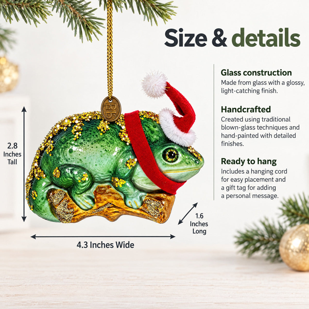 Chameleon in Santa Hat Glass Christmas Ornament