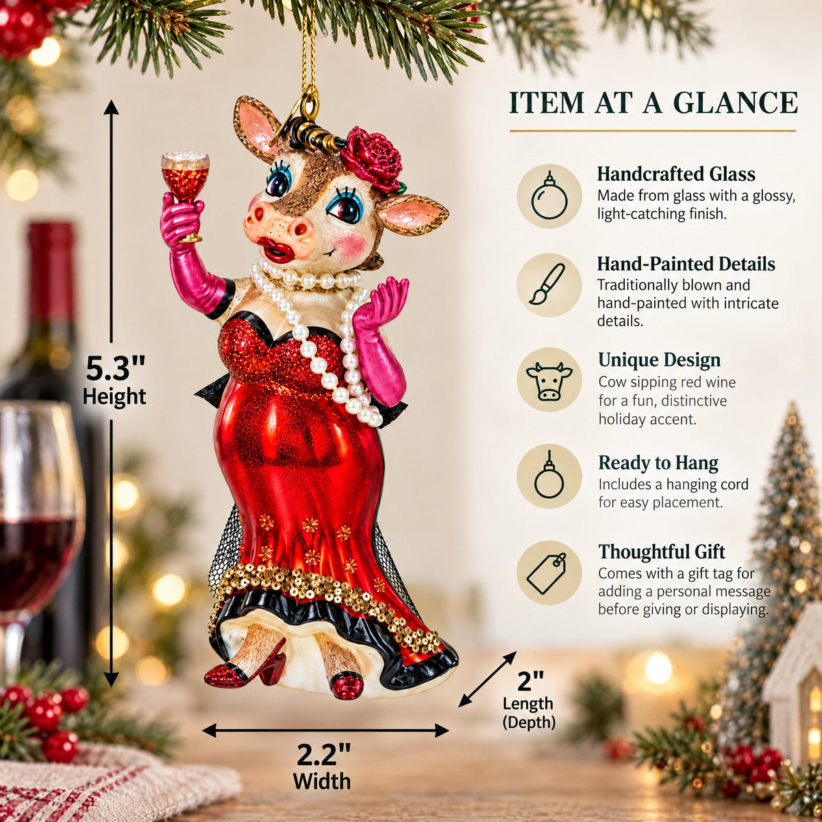 Cow Sipping Red Wine Glass Christmas Ornament