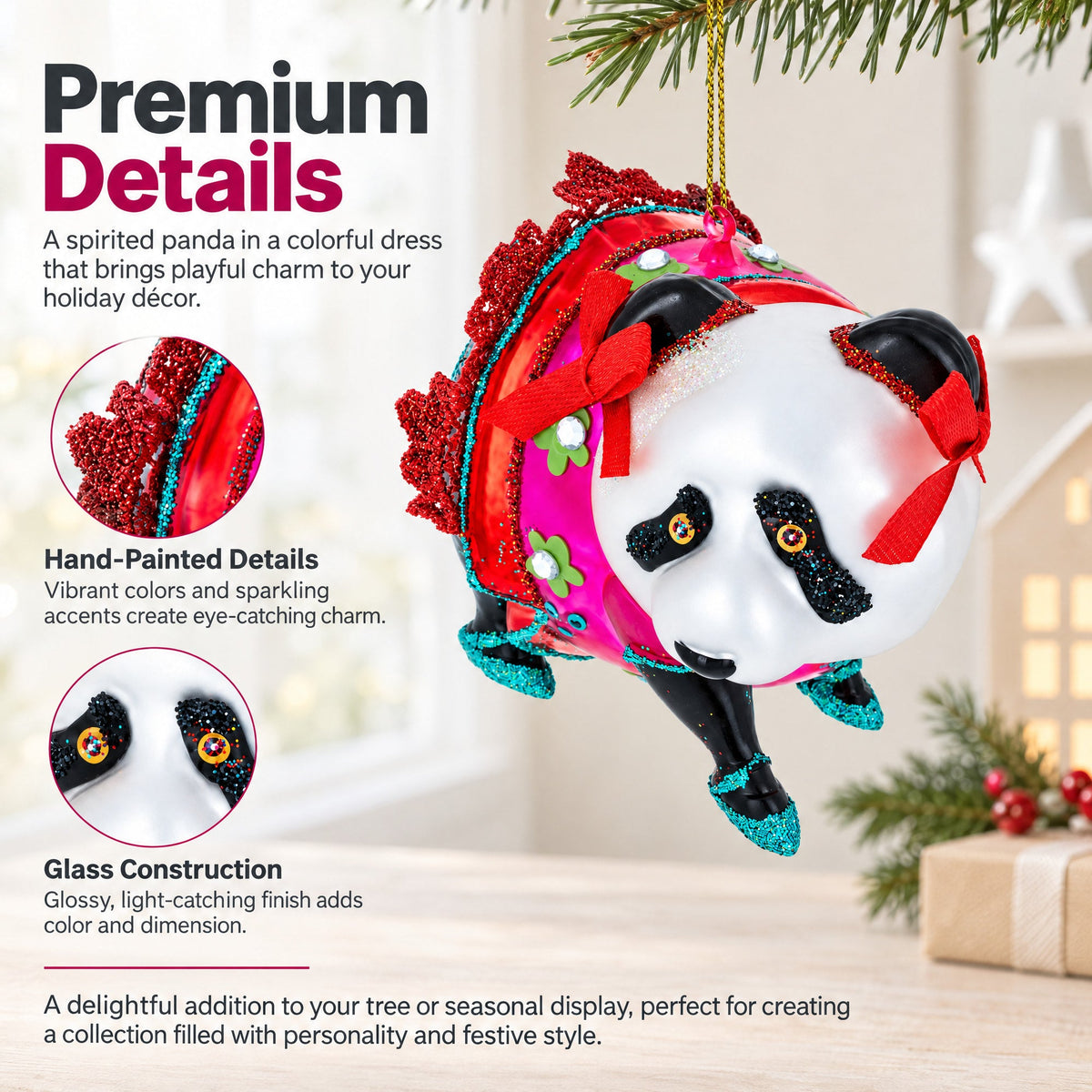 Panda in Colorful Dress Glass Christmas Ornament