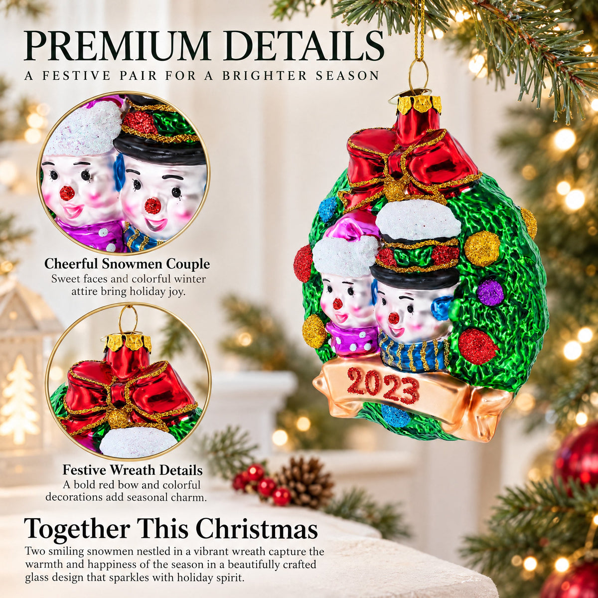 2023 Snowmen Couple in Wreath Glass Christmas Ornament