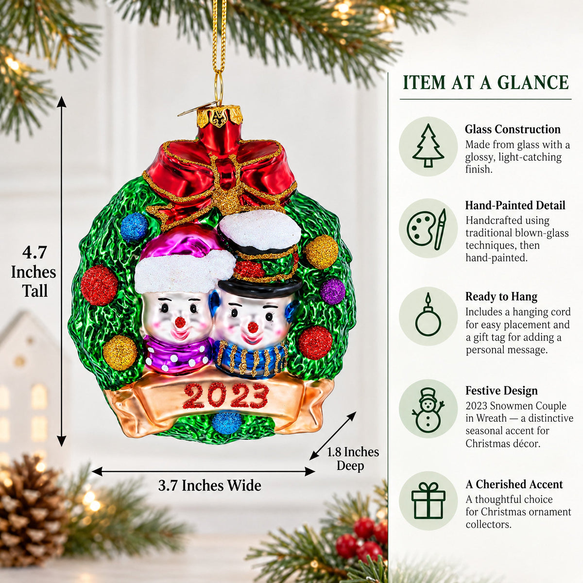2023 Snowmen Couple in Wreath Glass Christmas Ornament