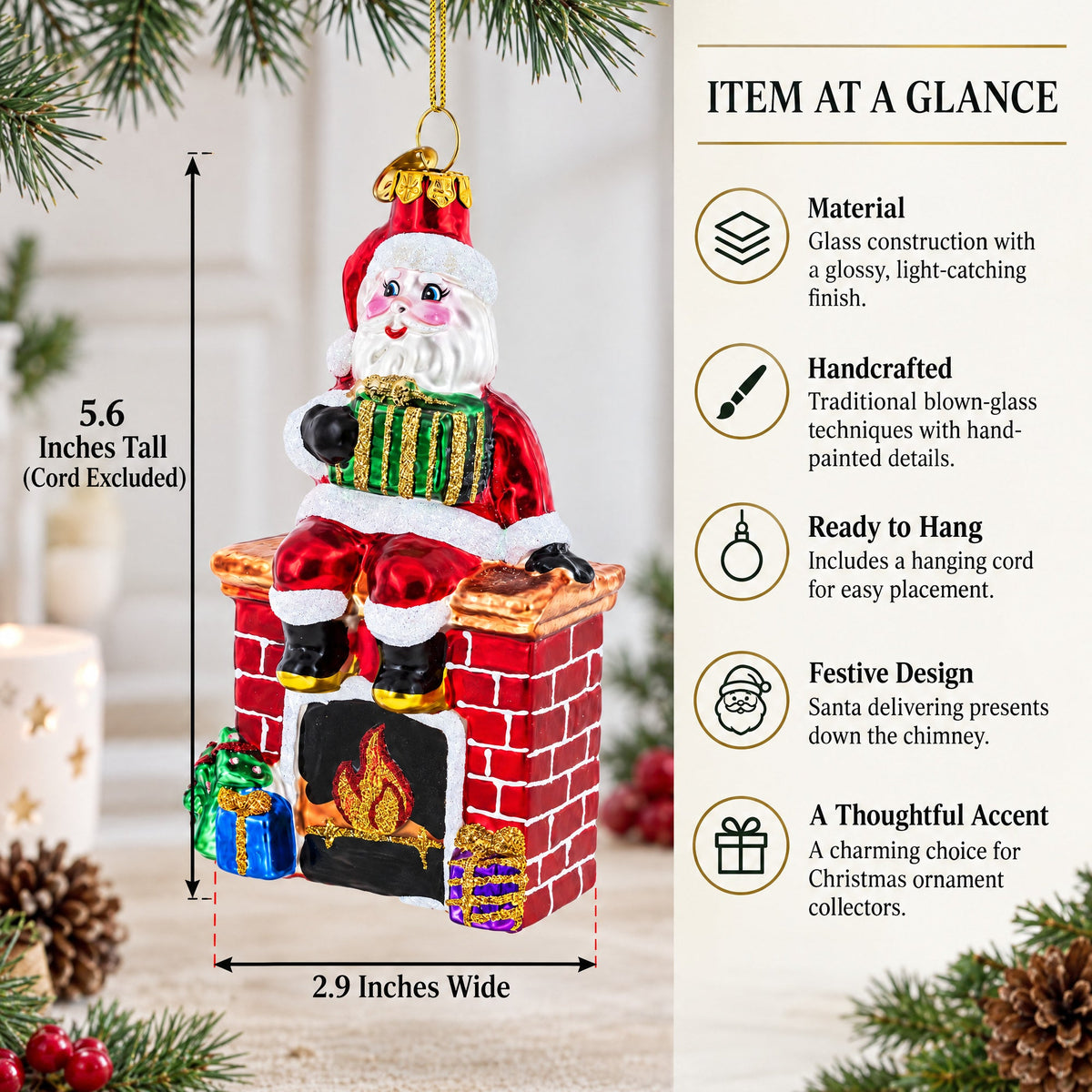 Santa Delivering Presents Down the Chimney Glass Christmas Ornament