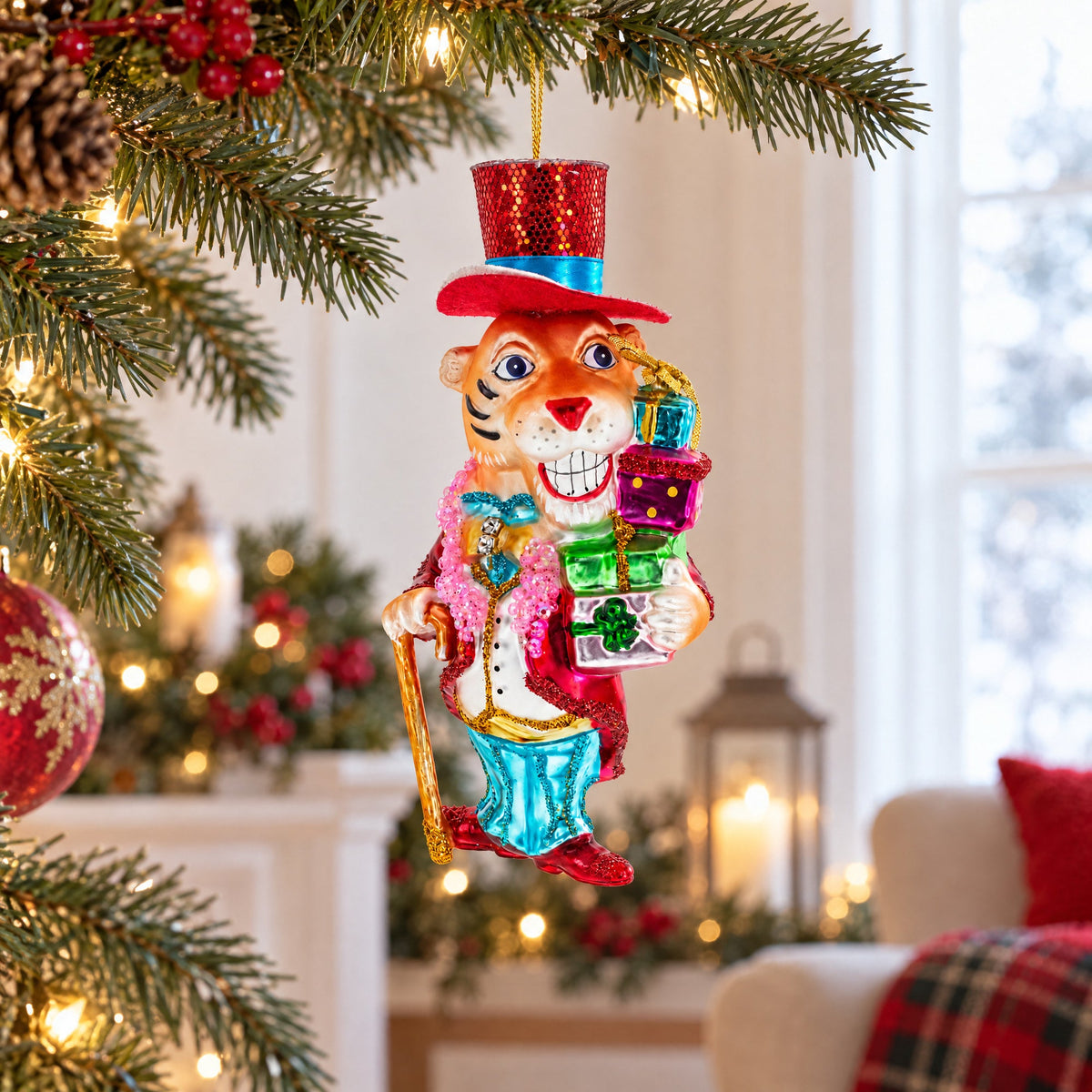 Dapper Tiger Gentleman Glass Christmas Ornament