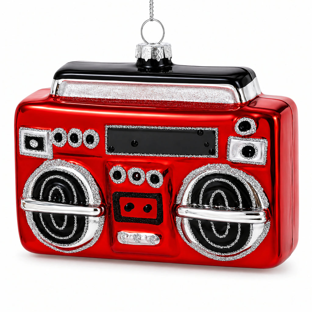 Retro Red Boombox Glass Christmas Ornament