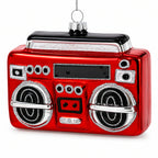 Retro Red Boombox Glass Christmas Ornament