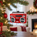 Retro Red Boombox Glass Christmas Ornament
