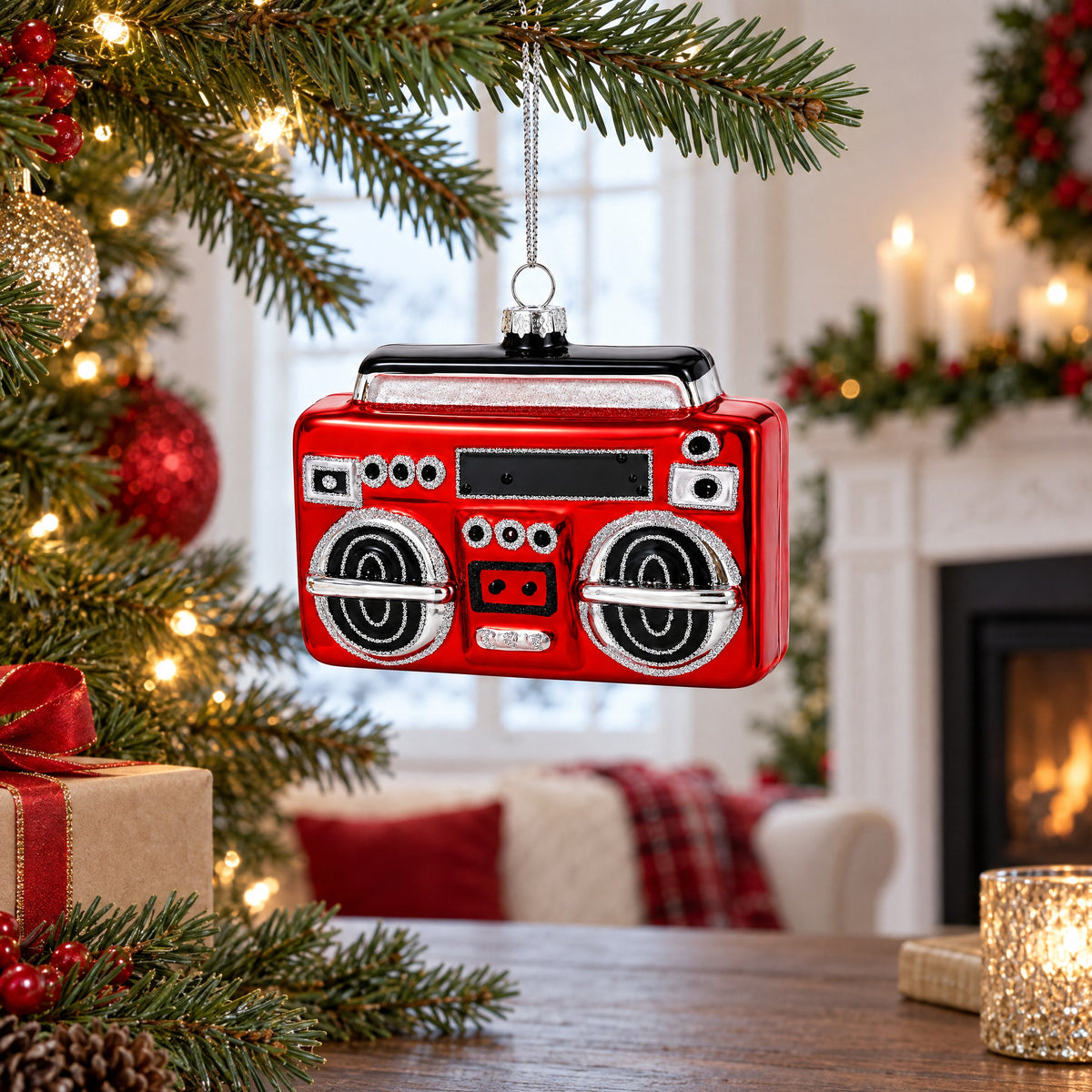 Retro Red Boombox Glass Christmas Ornament