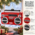 Retro Red Boombox Glass Christmas Ornament