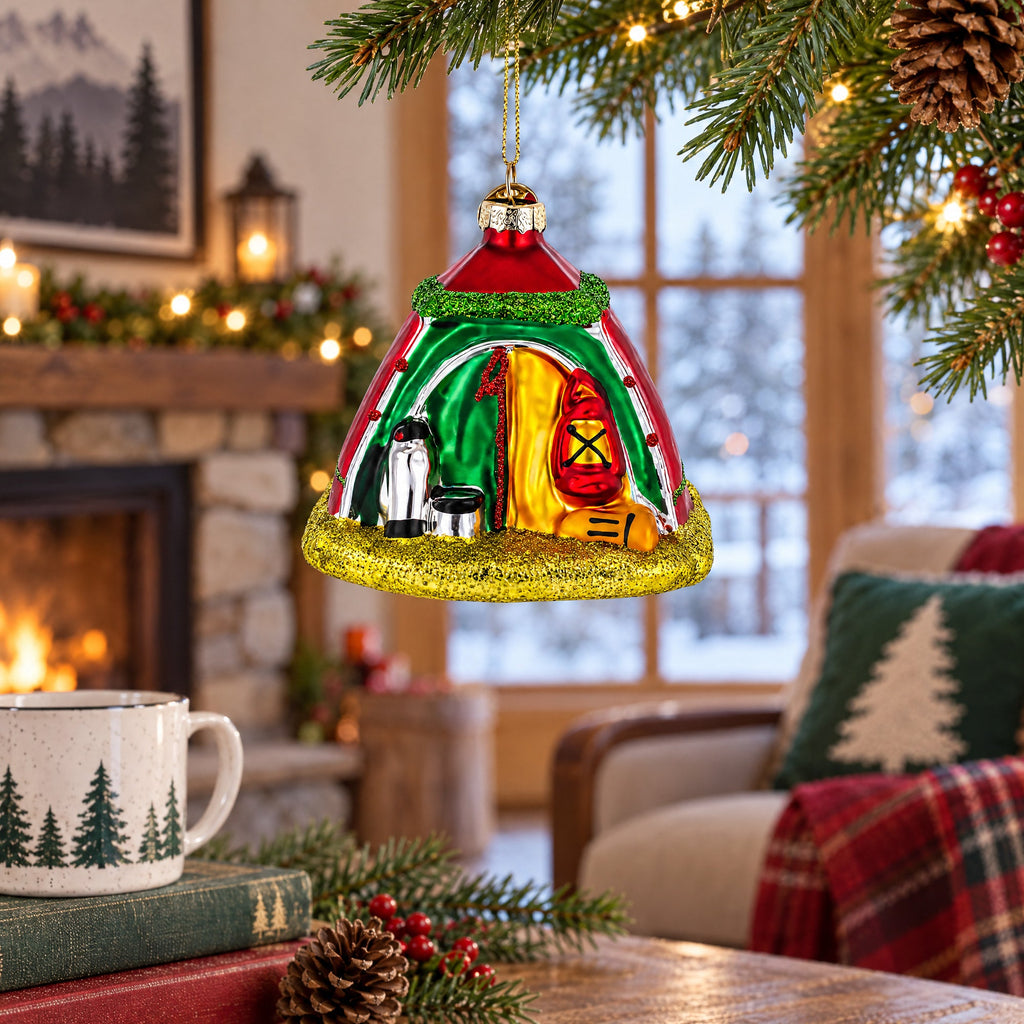 Red and Green Camp Tent Glass Christmas Ornament