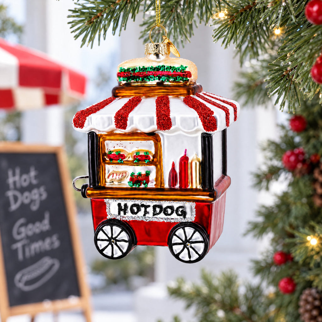 Hot Dog Cart Glass Christmas Ornament