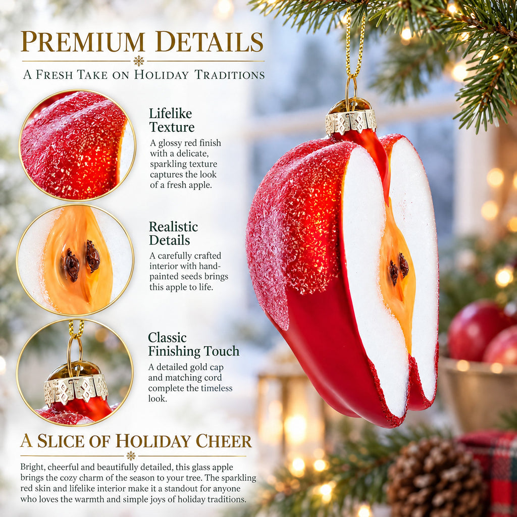 Red Apple Half with Seeds Glass Christmas Ornament